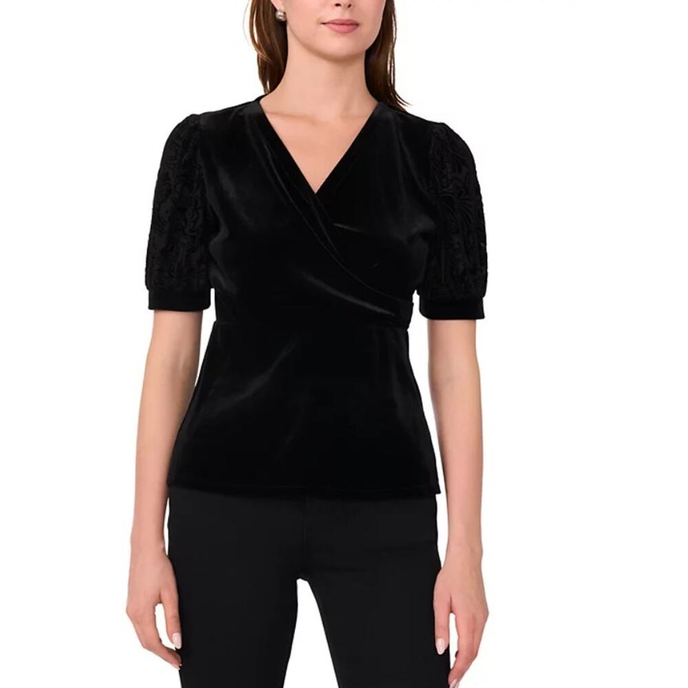 Sam & Jess Women's Velvet Faux-Wrap Flocked-Sleeve Top Black Size L